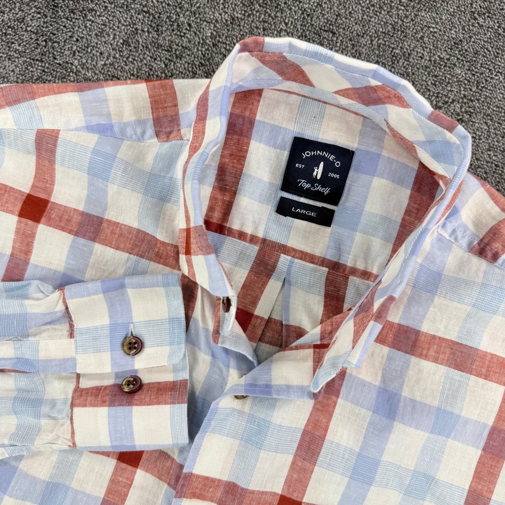 Johnnie-O Top Shelf Mens Large Red White Blue Plaid Cotton Button Down Shirt